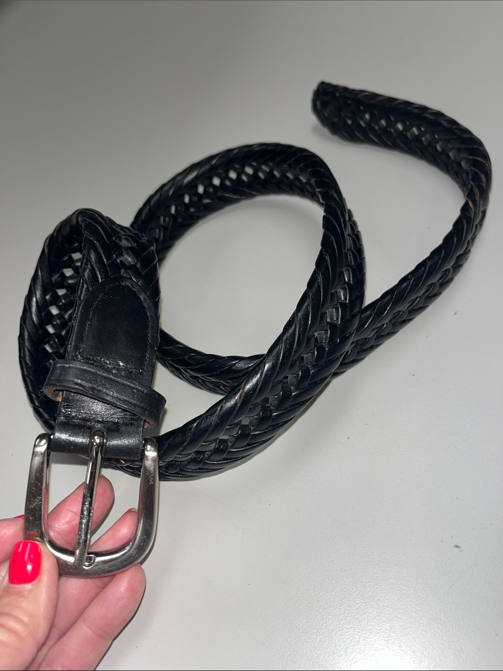 Source Unknown Black Braided Leather Belt with Silver Buckle